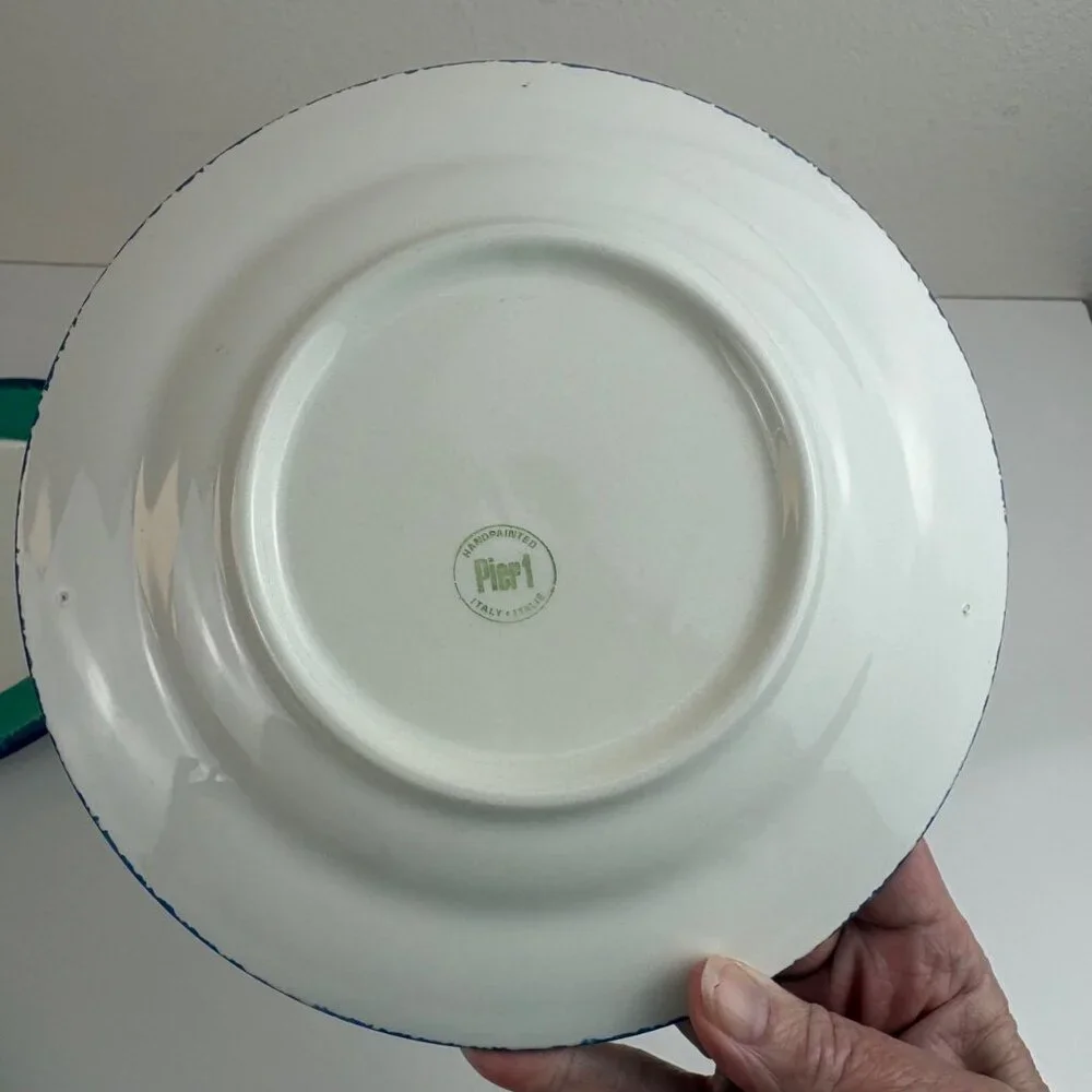 Set Of 4 Pier 1 Handpainted Salad‎ Plates Teal Blue Rim Italy 7.5 “